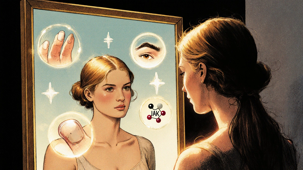 A woman looking at her reflection showing total hair loss, with medical symbols glowing around her.