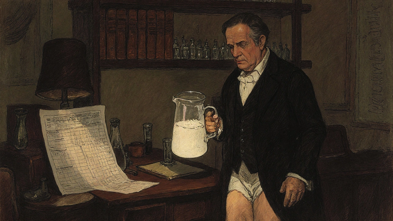 Adult patient presenting frothy urine to a doctor in a historic clinic, blood test results on desk.