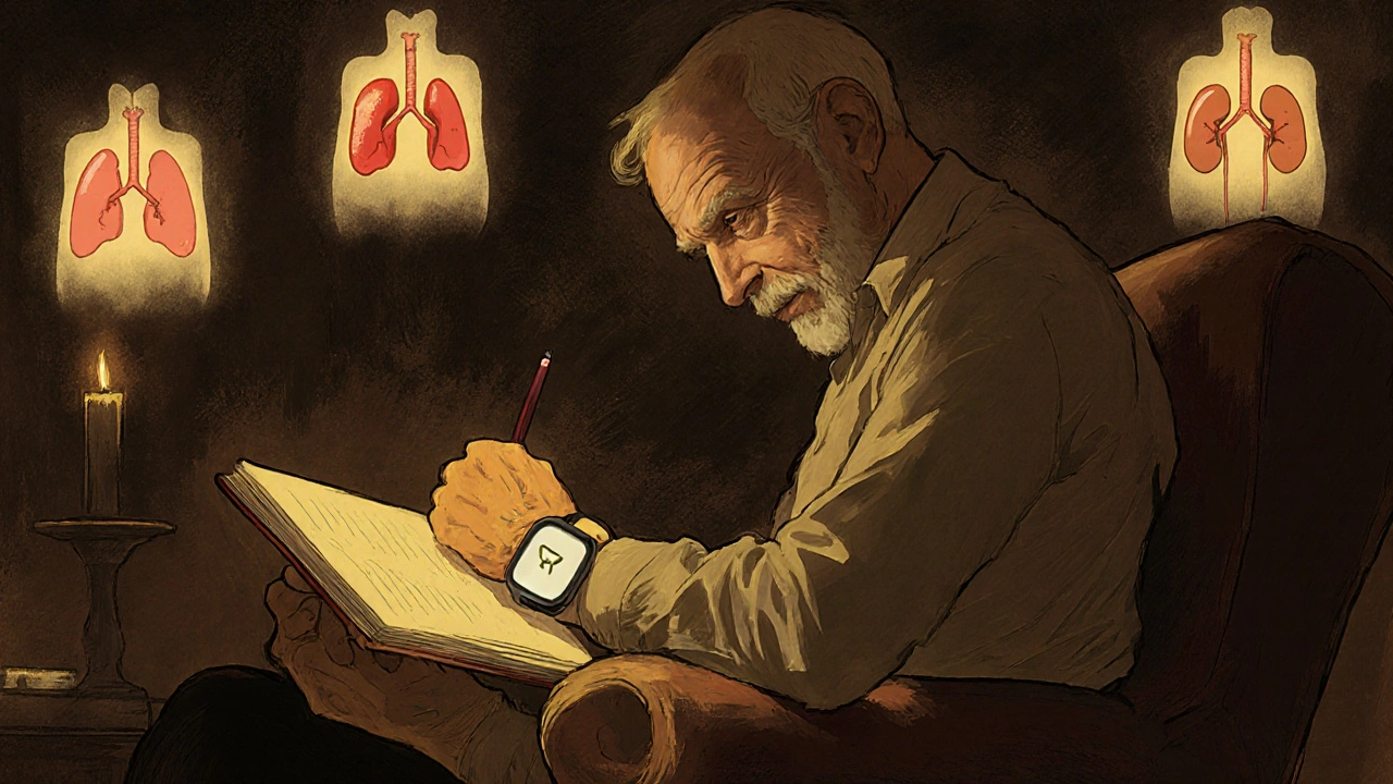An elderly man journaling symptoms while faint organ images glow in the background, lit by soft candlelight.