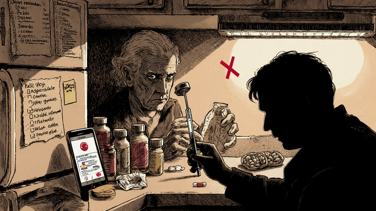 An elderly person measuring liquid medicine at dawn with pill bottles and a handwritten list nearby.