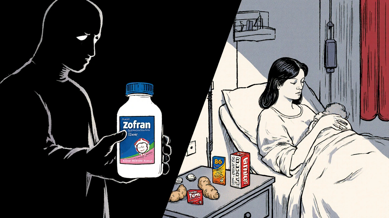 Contrasting scene: risky medication in shadow vs. safe remedies in light beside a sleeping mother and baby.