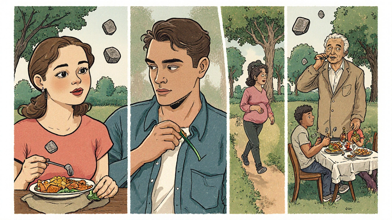 Diverse individuals living healthily, with faint gallstones floating nearby as symbols of silent risk.