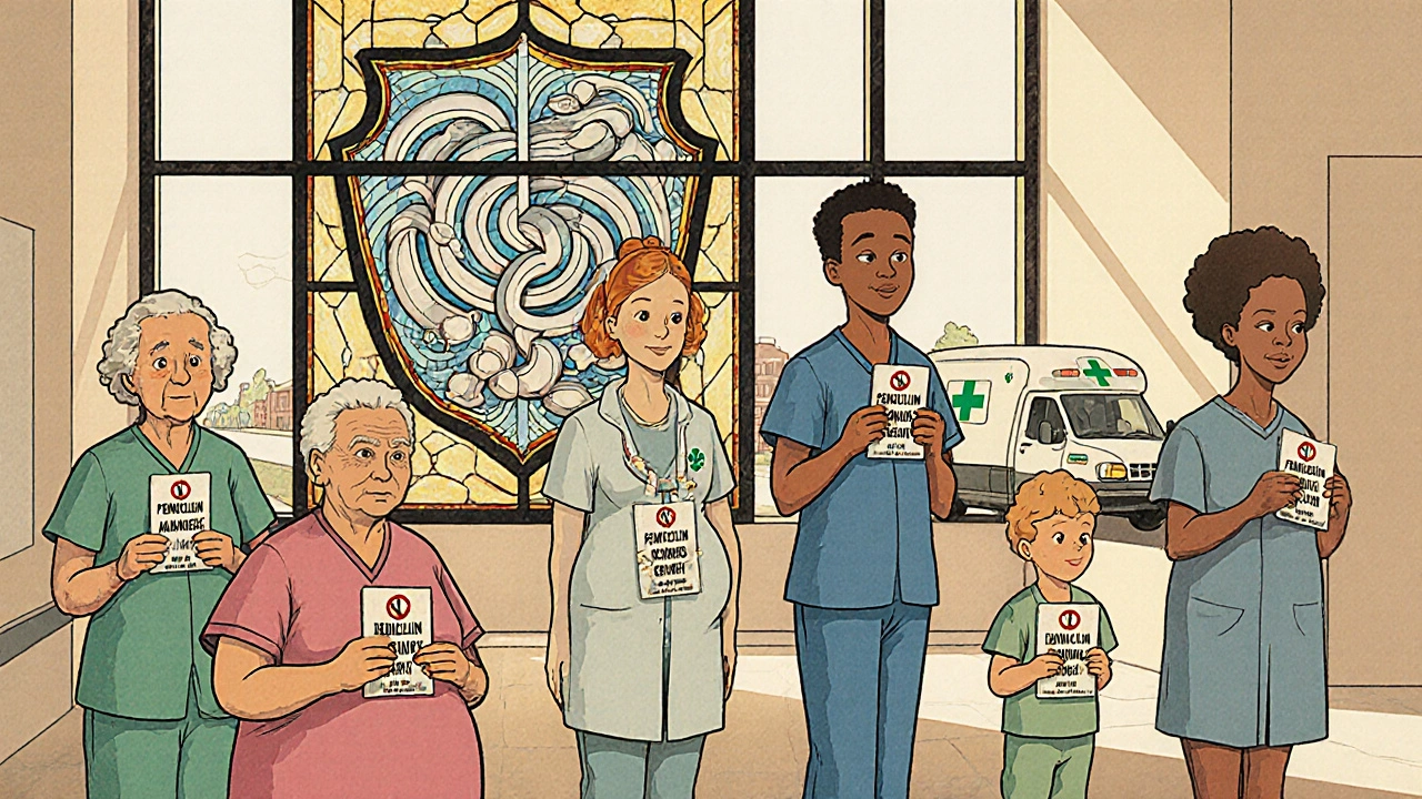 Diverse patients holding de-labeled cards in a sunlit hospital hallway.