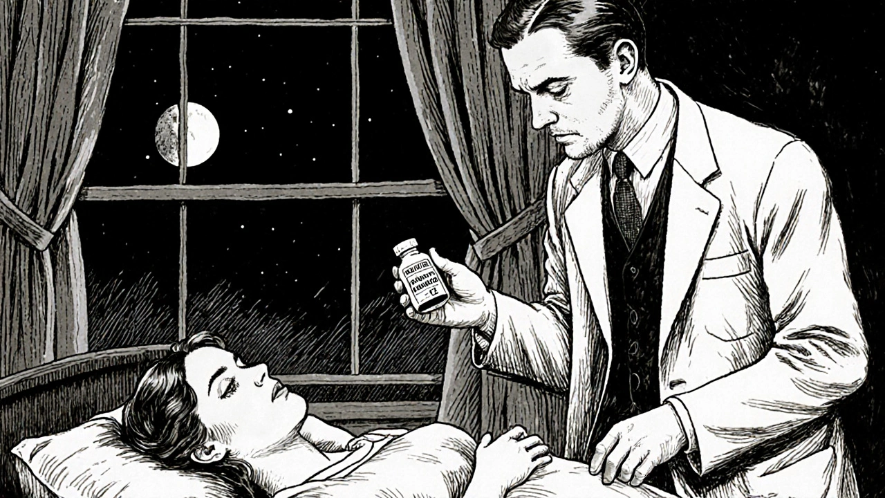 Doctor handing pregnant patient doxylamine and B6 at night, peaceful bedroom in background.