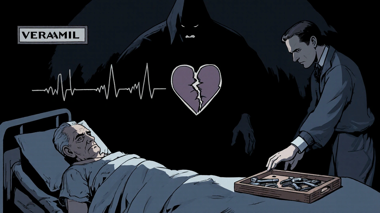 Elderly patient with flatlining ECG, shadowy figure of verapamil looming over them.