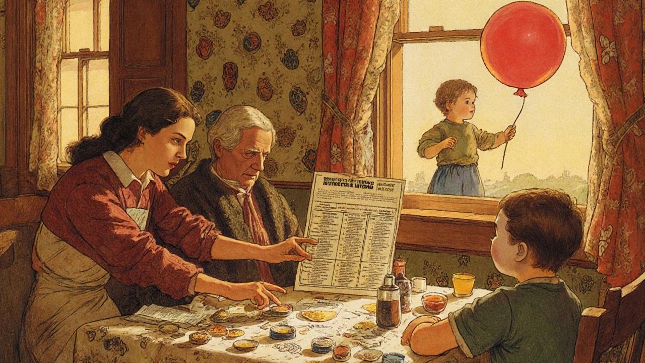 Family discussing low-sodium diet at kitchen table, nutrition chart and salt shaker in focus.