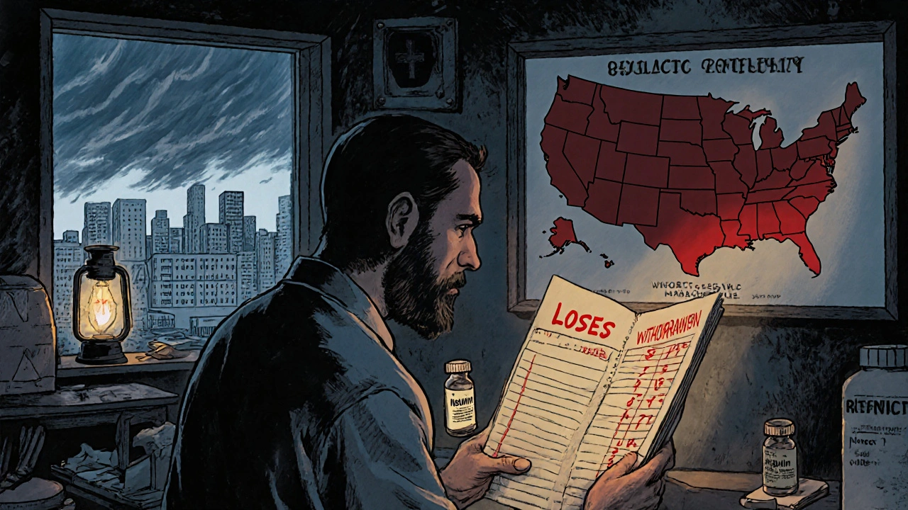 Generic drug maker in a factory staring at losses, with a withdrawn insulin box and map of states in crisis.