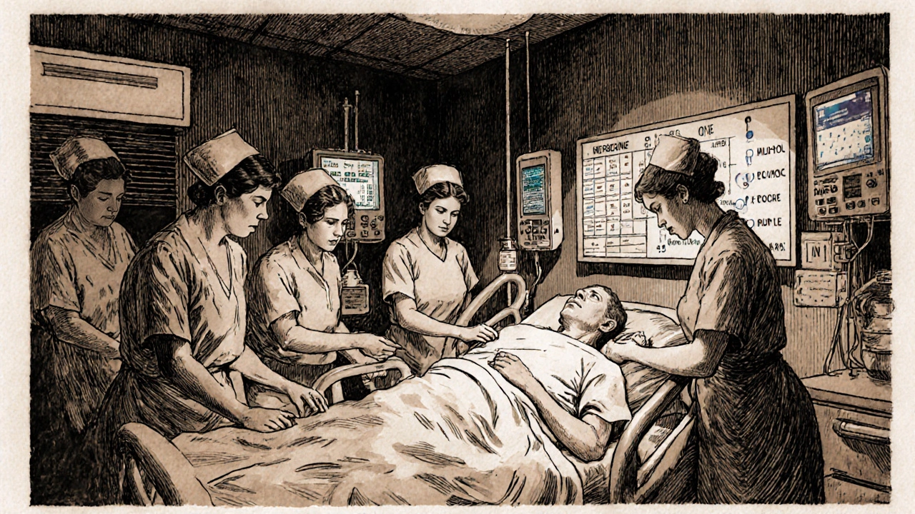 Hospital staff treating a patient with DKA using IV fluids and monitoring equipment in a dimly lit ER.