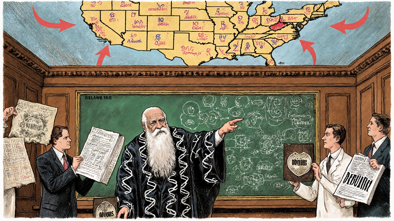 Judge Lourie in a courtroom with dosing charts and prior art, generic developers holding clinical data as shields against crumbling patents labeled &#039;Obvious&#039;.