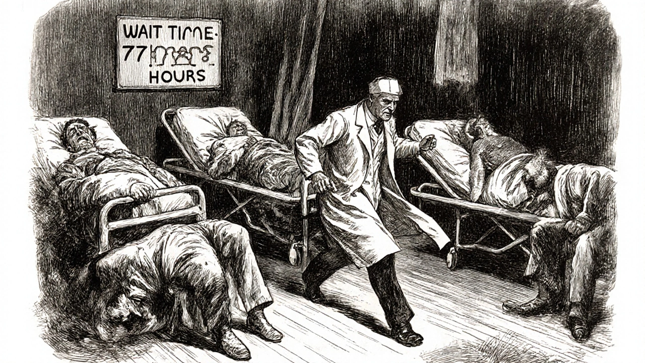 Overworked doctor rushes through a chaotic emergency room with long wait times.