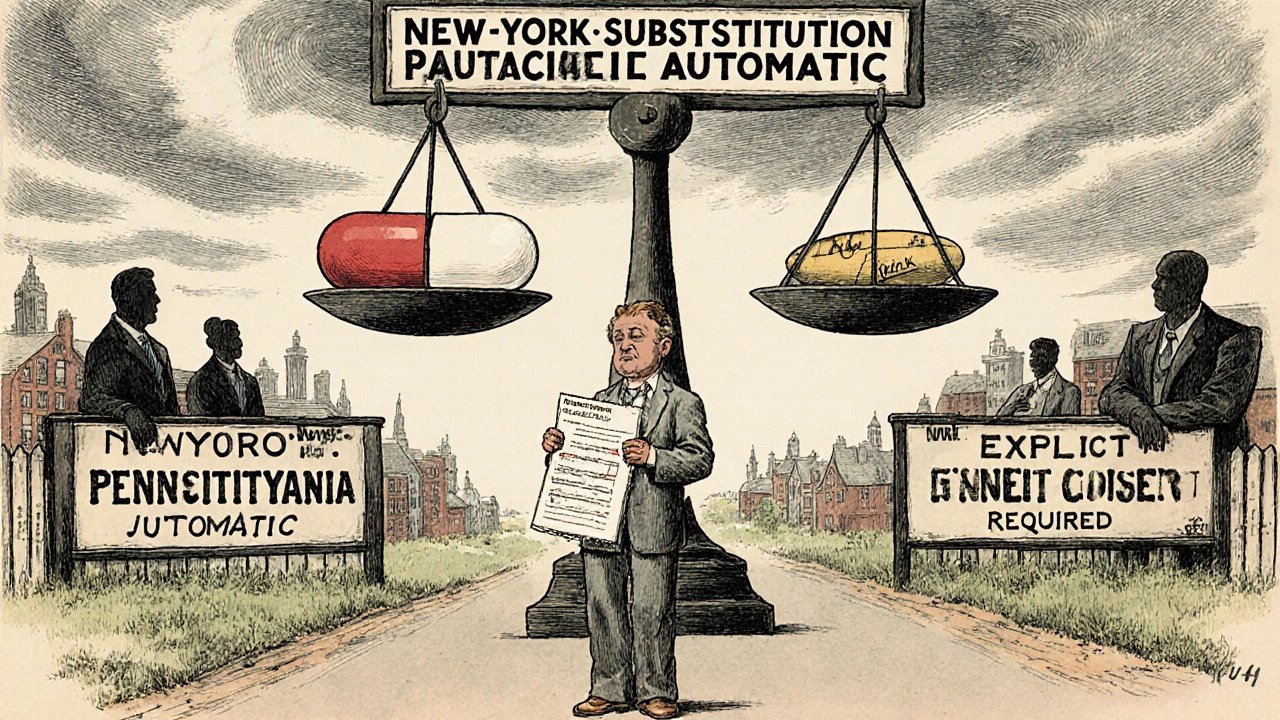 Patient standing at a symbolic border between two states with opposing generic substitution rules.