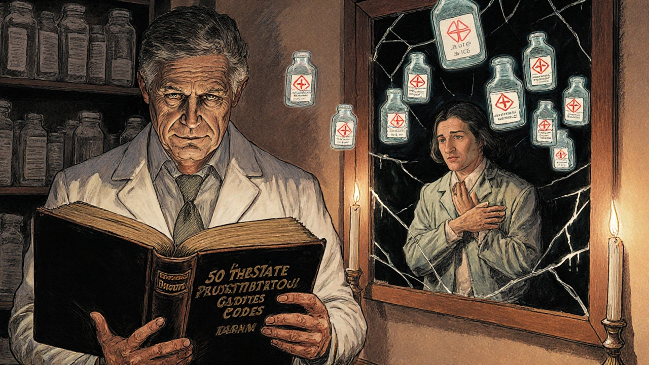 Pharmacist overwhelmed by state law books while a patient suffers, with floating drug icons casting warnings.
