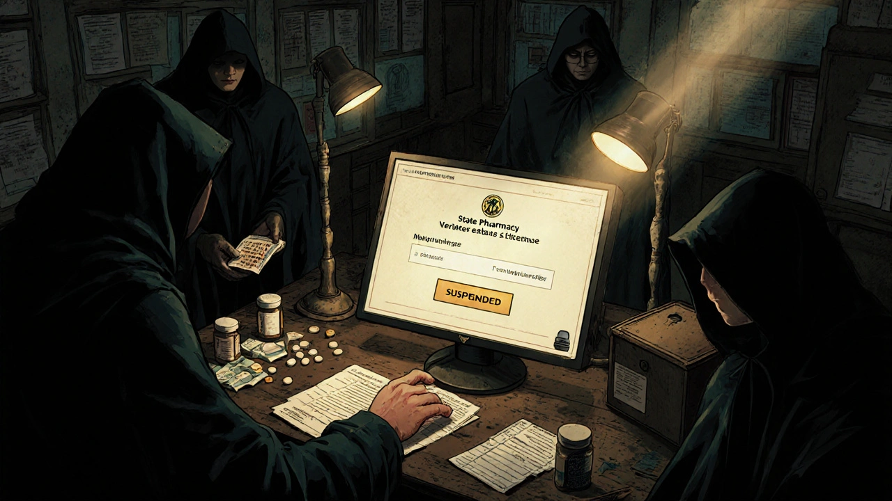 Shadowy figures package counterfeit pills as a suspended license glows on a desktop, light revealing the truth.