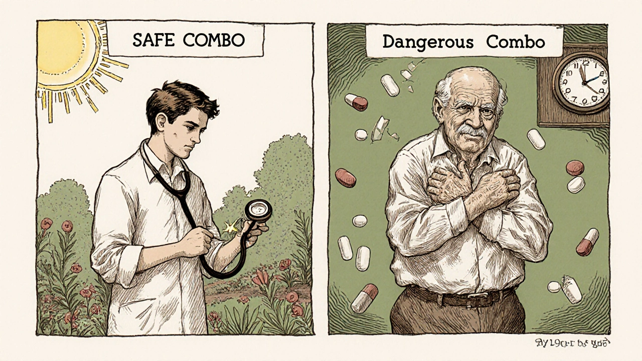 Split scene: healthy patient in garden vs. distressed patient with falling pills and broken clock.