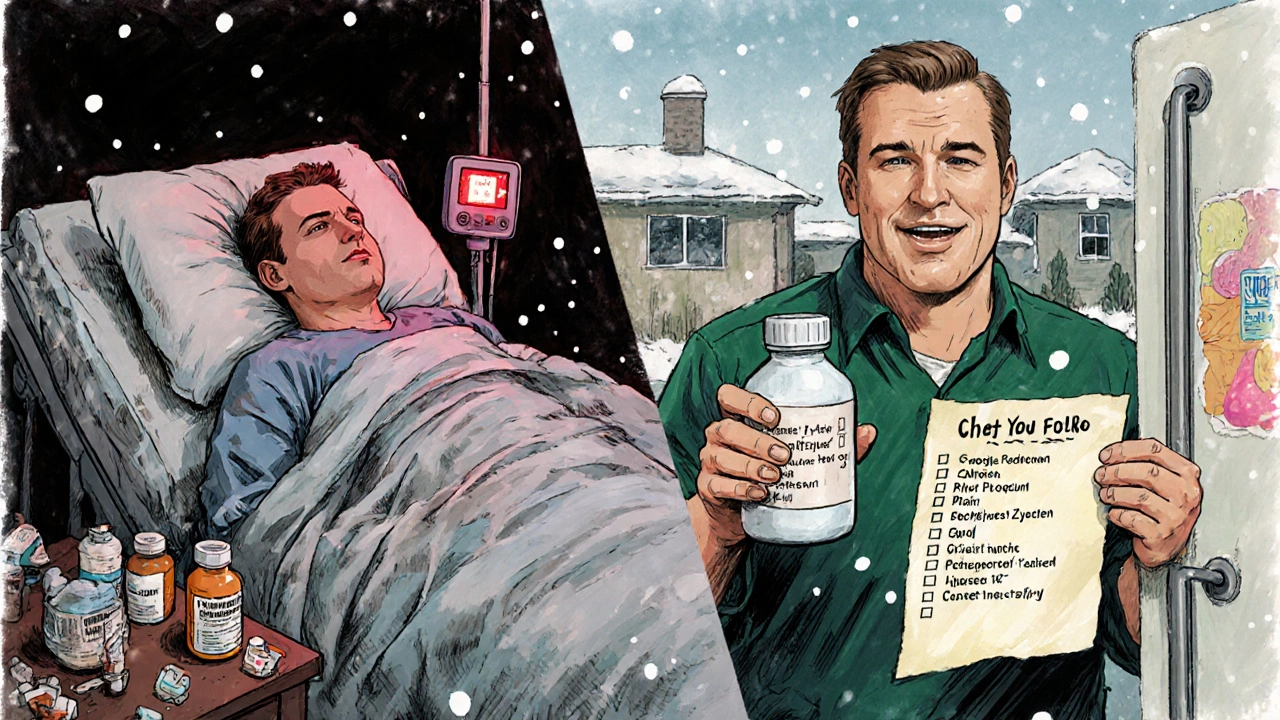 Split scene: man hospitalized after unsafe meds vs. safe recovery with approved medicines.