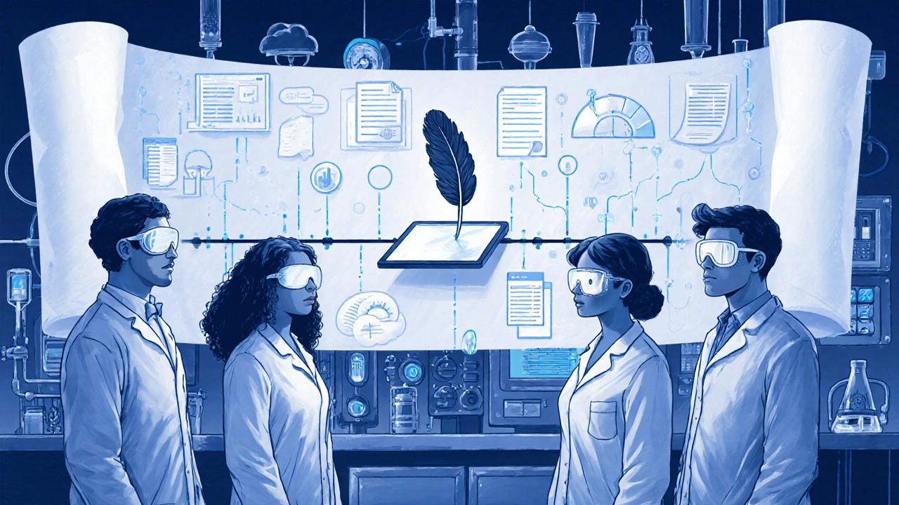 Technicians monitor IoT sensors and digital dashboards, with data streams flowing from calibrated instruments.