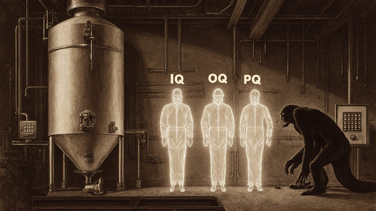 Validation stages as spectral figures inspect a sterilizer, with a shadowy Drift Monster threatening digital output.