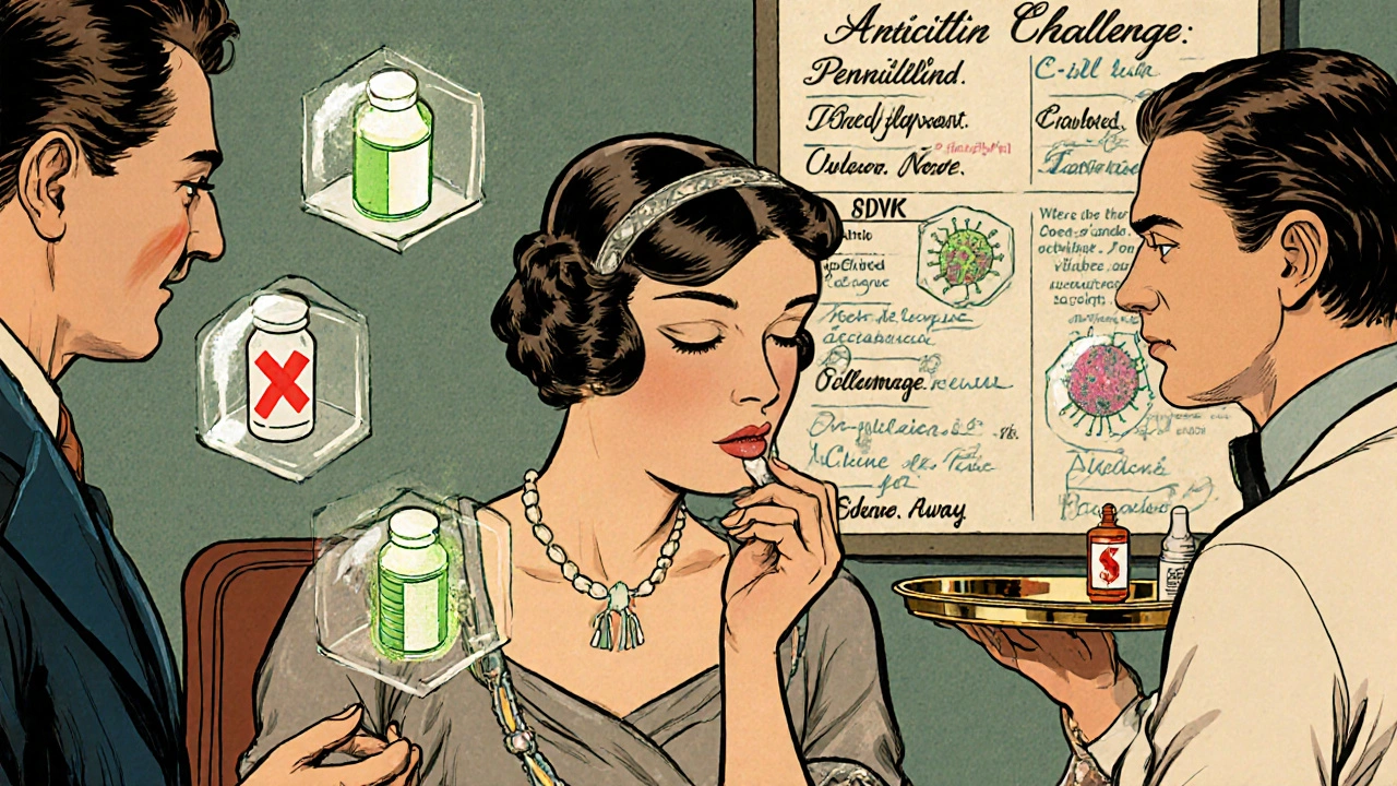 Woman taking an oral antibiotic challenge while medical icons float around her.