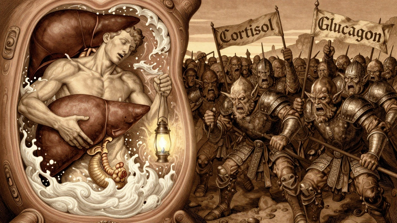 A battle inside the body: insulin fights against hormone goblins as glucose surges from the liver.