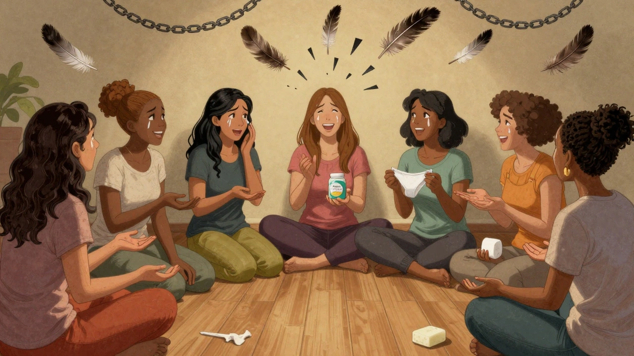 A circle of women sharing stories, holding symbols of healing, as chains of silence break into feathers.