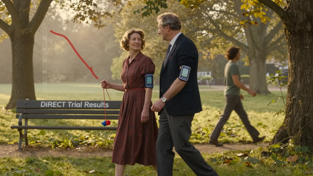 A couple walking in a park at dawn, one with a glucose monitor, symbolizing diabetes management through exercise.