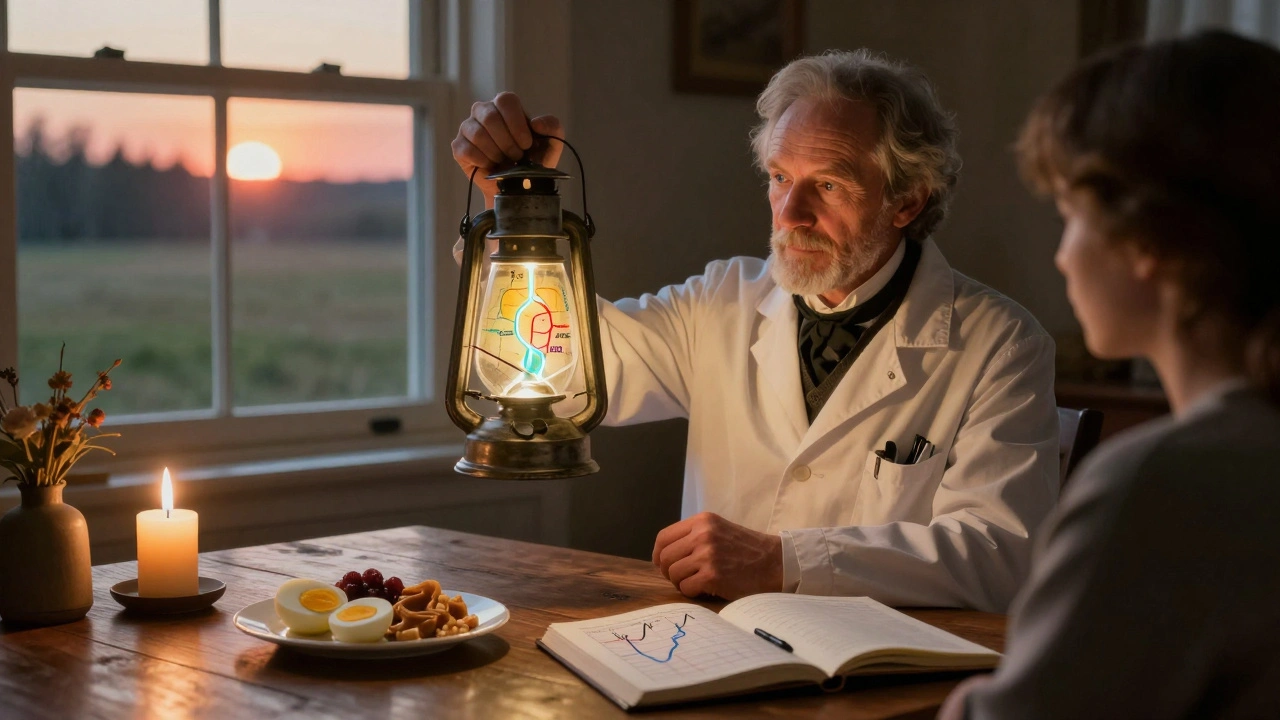 A doctor shows a patient a CGM map of overnight glucose trends with a bedtime snack on the table.