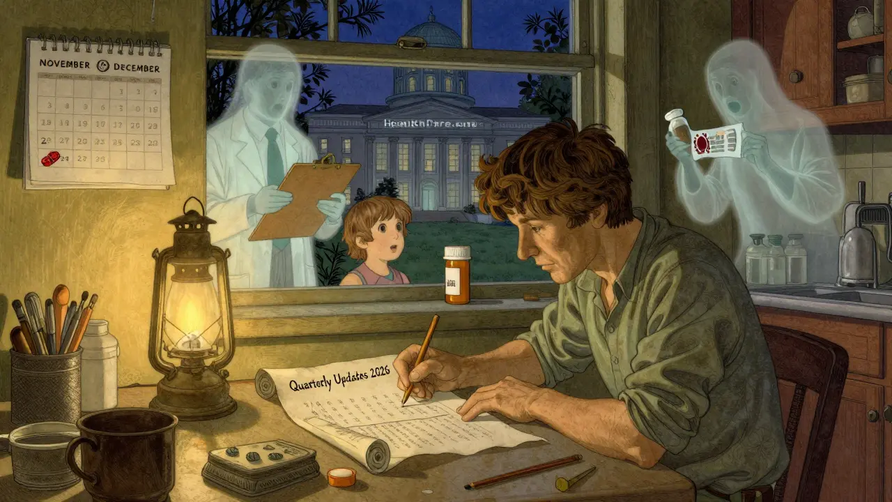 A freelance worker tracking income under a lamp, surrounded by medical needs as quarterly reporting requirements begin.