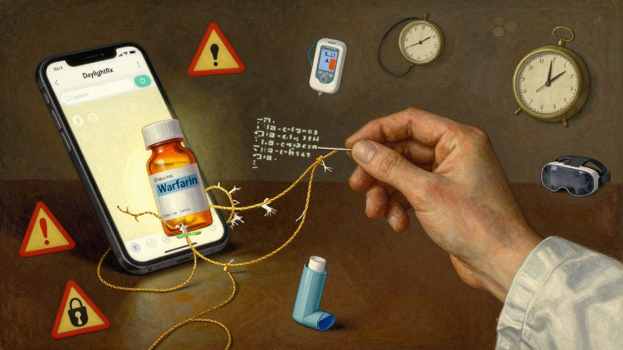 A golden thread connects a pill bottle to a mental health app, frayed by risks like data breaches and missed doses, as a doctor repairs it with code.