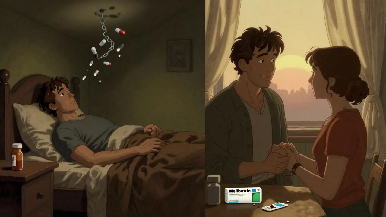 A man at night feeling isolated by medication, then at sunrise reconnecting with his partner after switching treatment.