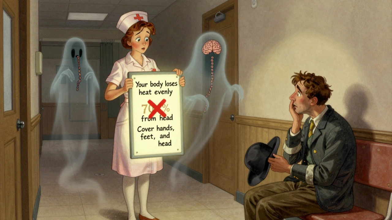 A nurse explains heat loss truth to a patient using a glowing panel, while myths fade away, in Howard Pyle illustration style.