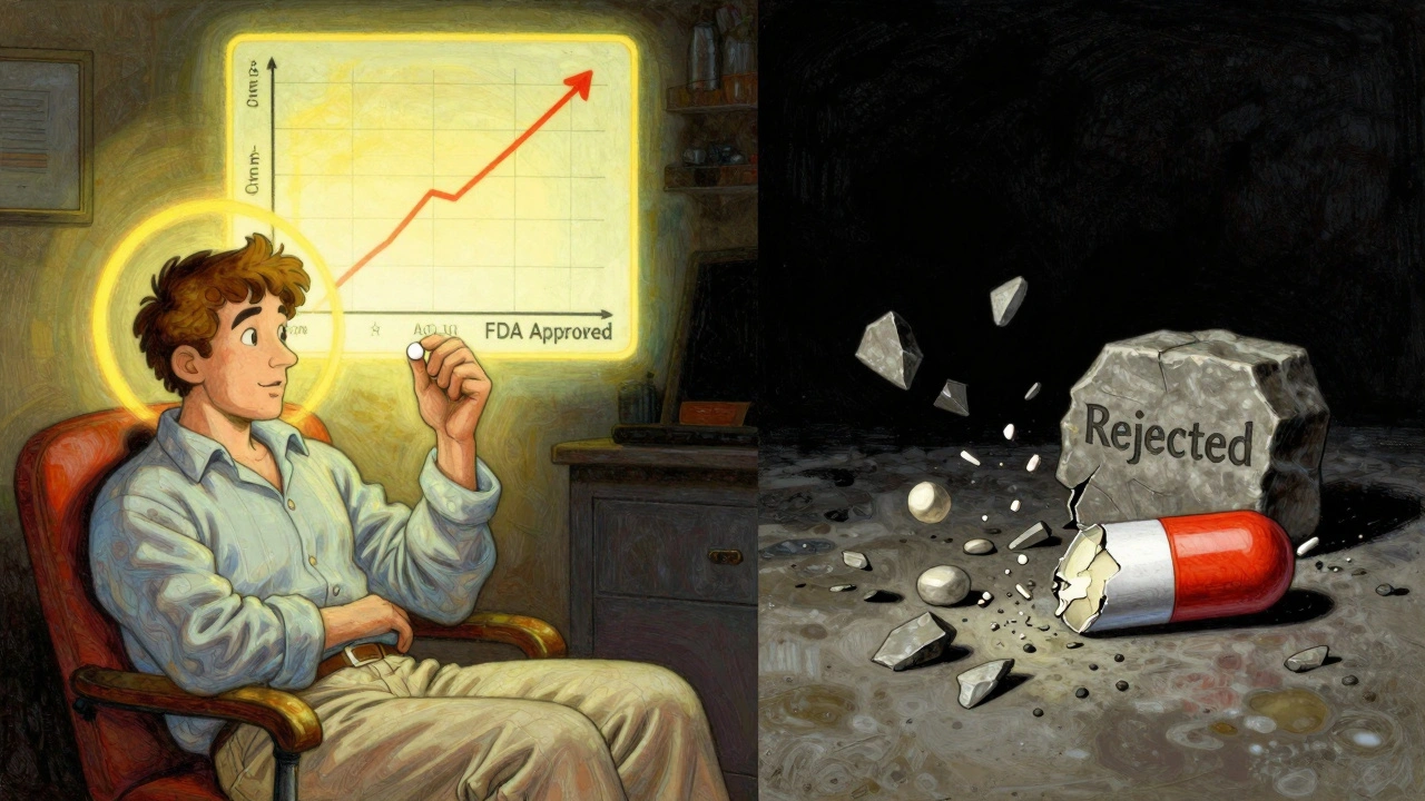 A patient taking a generic pill with a glowing bioequivalence graph above them, contrasted with a crumbling tablet labeled &#039;Rejected&#039;.