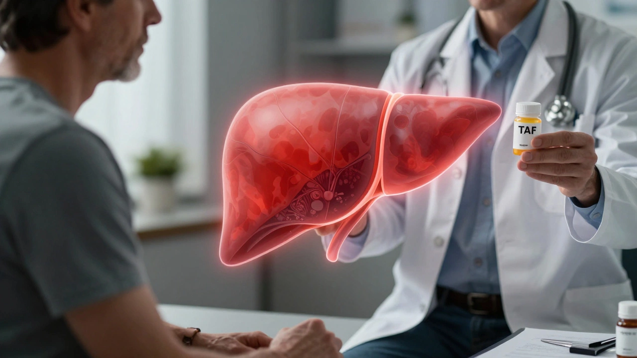 A patient taking antiviral medication as a healthy liver glows beneath fading scar tissue.