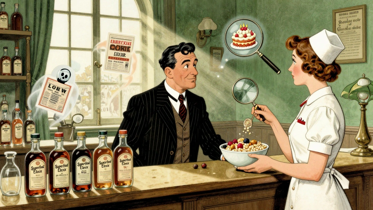 A pharmacy salesman promotes fake superfood elixirs while a nurse shows a simple bowl of healthy food, in Howard Pyle style.