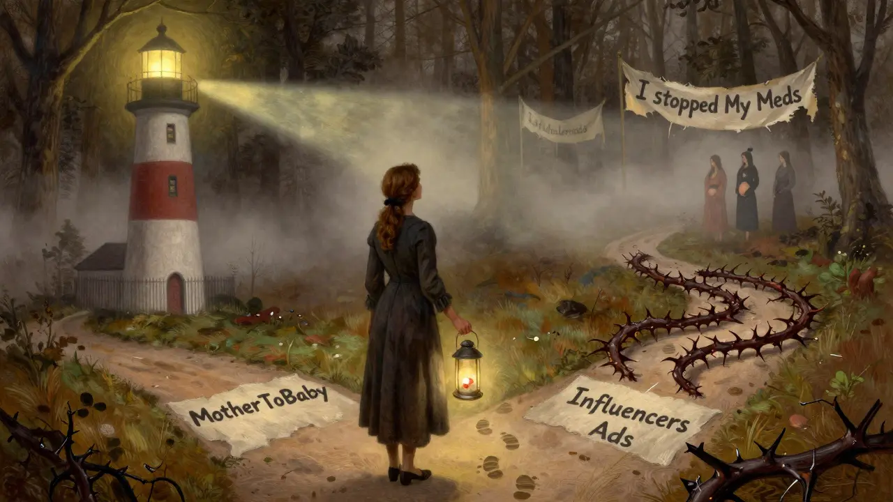 A woman choosing between trusted medical resources and dangerous online myths in a symbolic forest path.