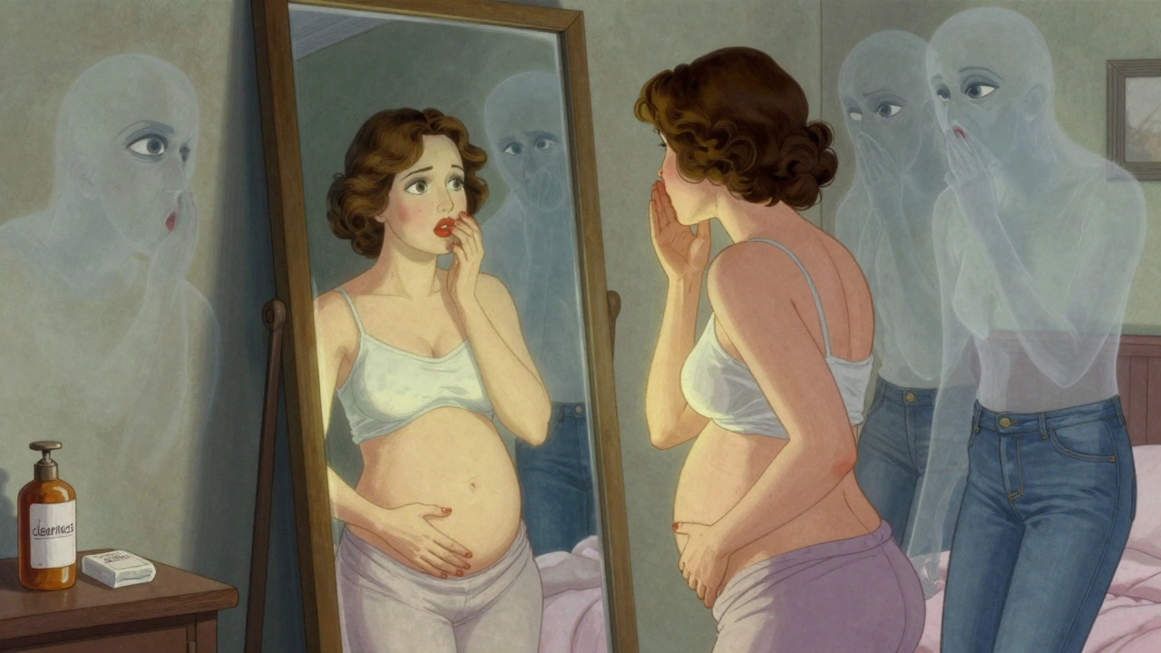 A woman looking in the mirror as shadowy societal judgments surround her, symbolizing shame and self-acceptance.