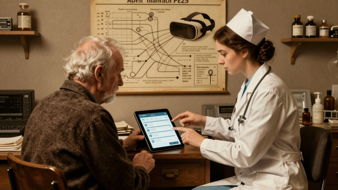 An elderly patient struggles with a diabetes app while a nurse helps them navigate the screen in a warmly lit doctor’s office.