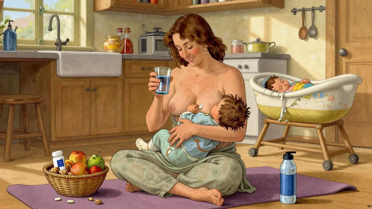 Breastfeeding mother taking acetaminophen after nursing, with healthy snacks and wellness items nearby.