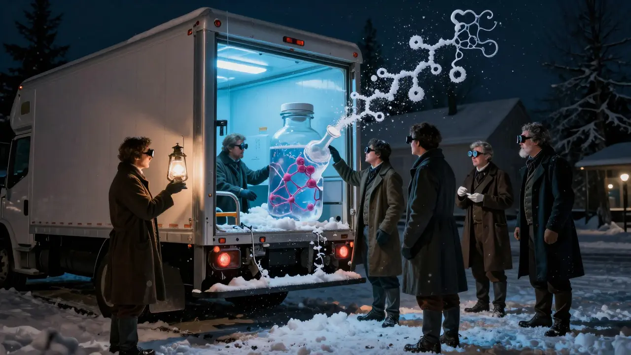 Broken refrigerated truck in snow, scientists examining shattered vial with glowing protein fragments, lantern-lit scene.