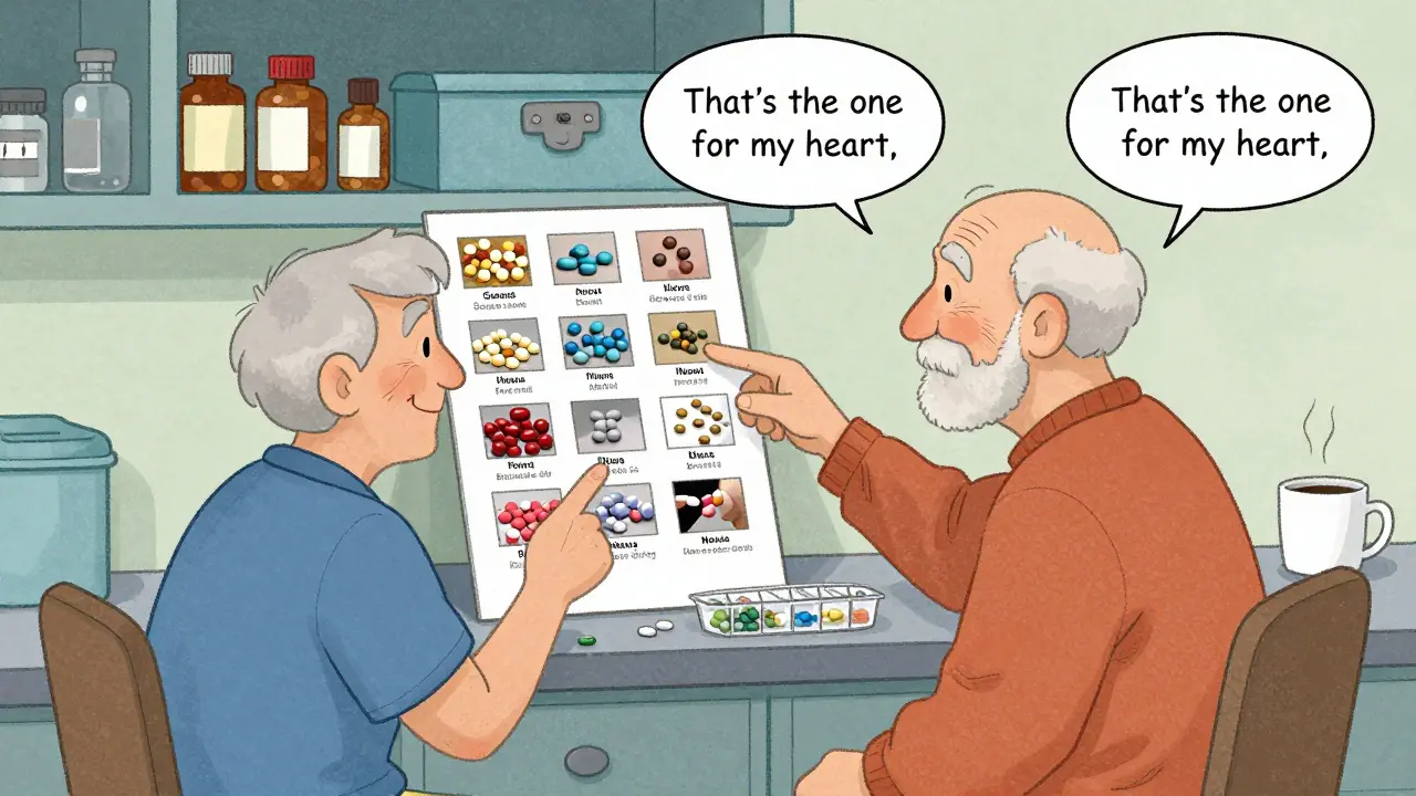 Caregiver and senior looking at a laminated chart with illustrated pills, smiling together in a cozy kitchen.