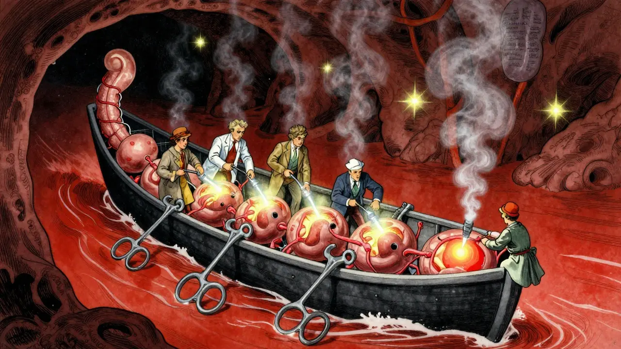 Colonoscopy scope treating bleeding vessels with glowing tools in a dramatic, cavernous colon landscape.