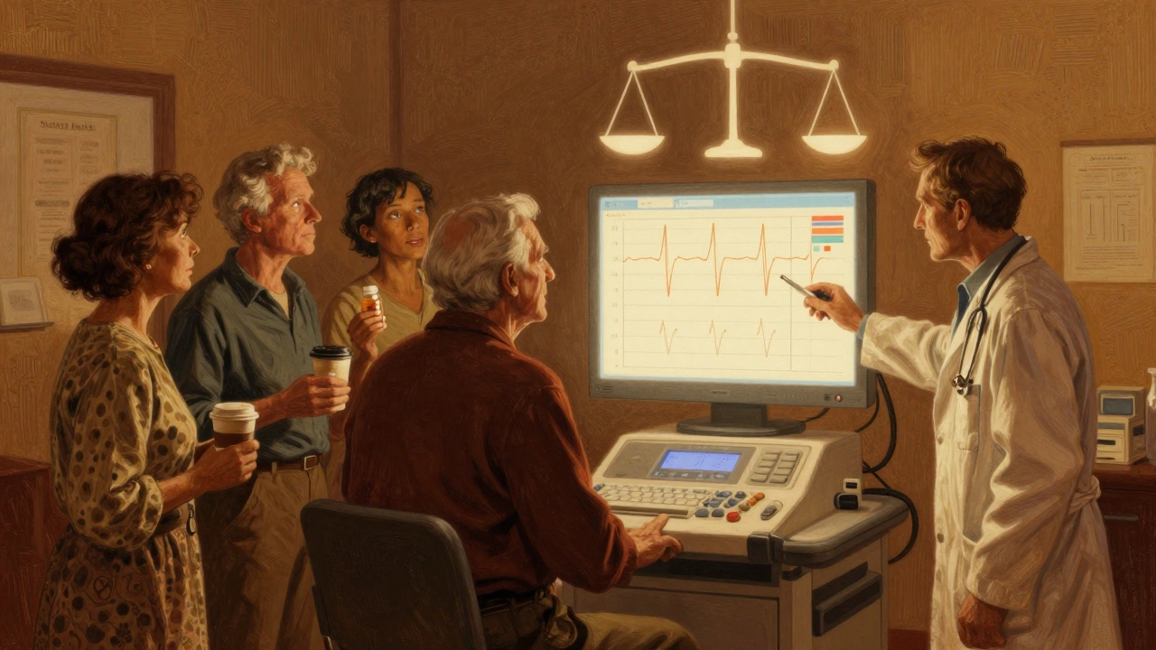 Diverse patients before a glowing ECG machine with a 9-point risk score chart overhead.