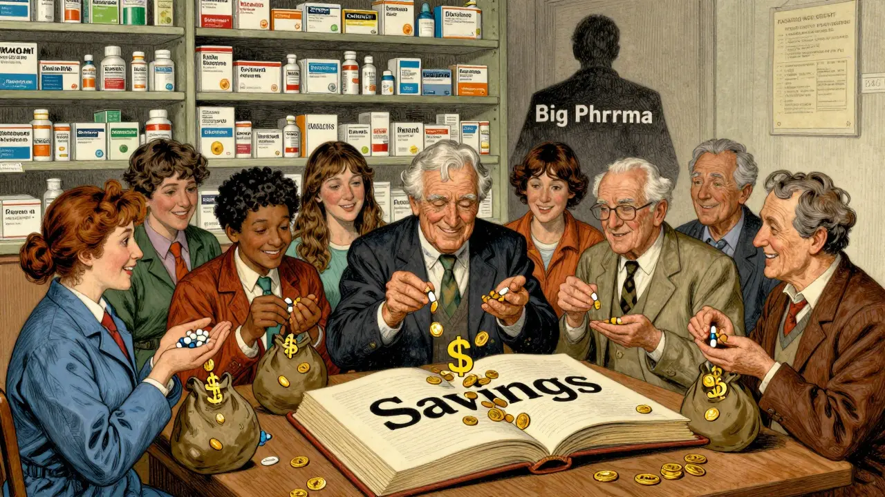 Diverse patients smiling as generic pills turn savings into golden coins, with pharmacy shelf in background.