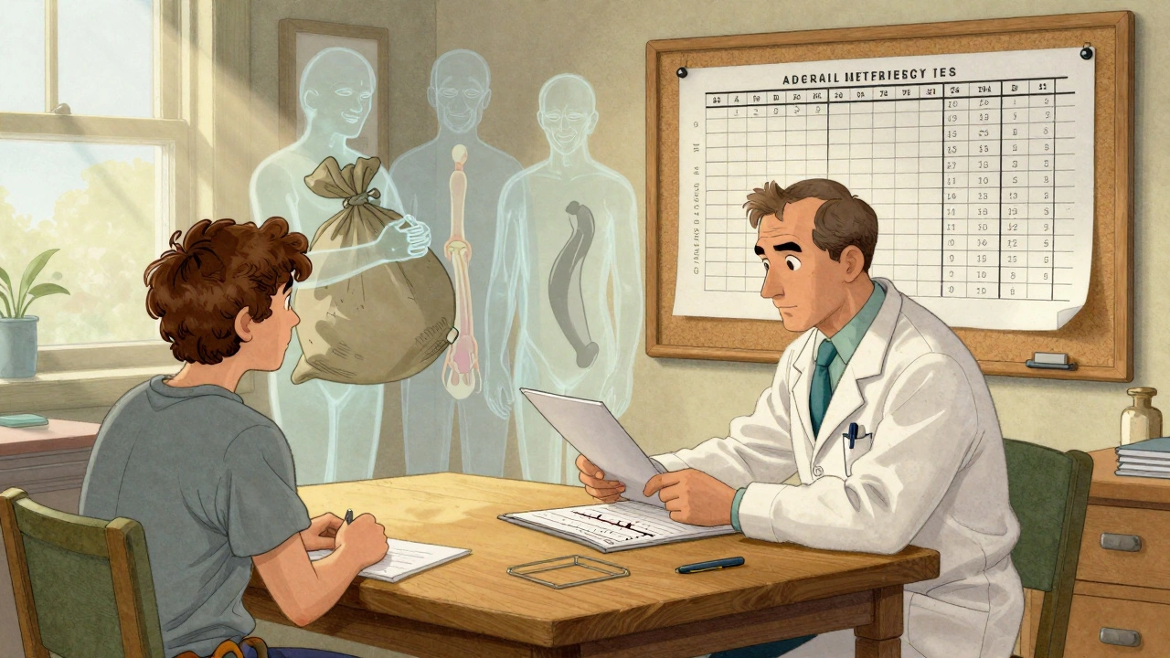 Doctor and patient review a hand-drawn tapering schedule, with symbolic figures of withdrawal symptoms in the background.