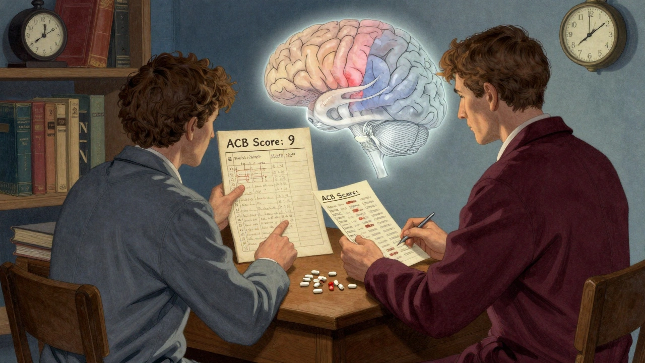 Doctor and patient reviewing an ACB score chart with a fading brain diagram, in detailed ink illustration style.