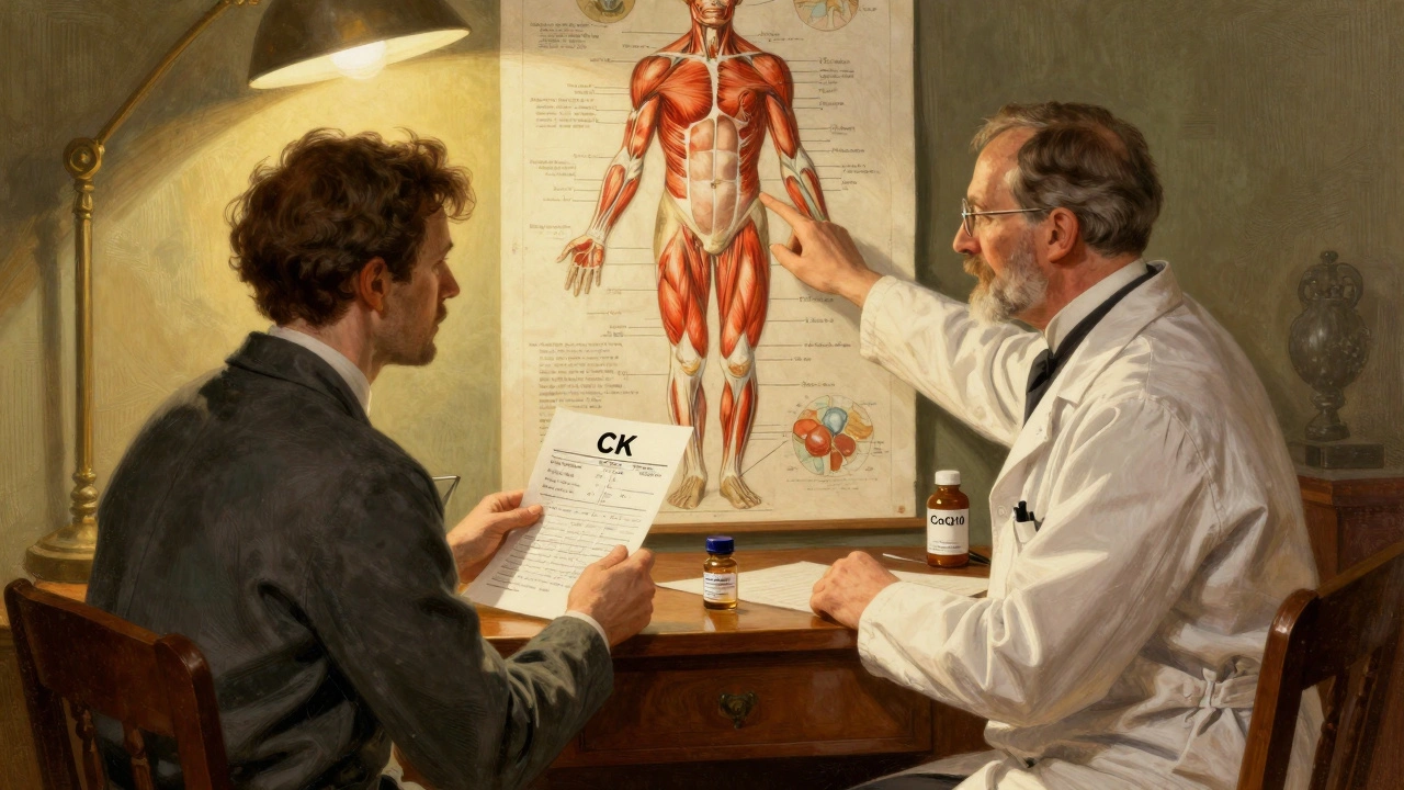 Doctor and patient reviewing muscle pain chart and blood test results.