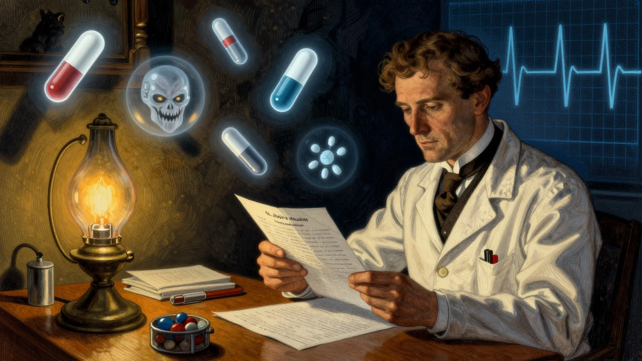 Doctor examining a blood test with floating dangerous drug icons casting shadows in a vintage lab.