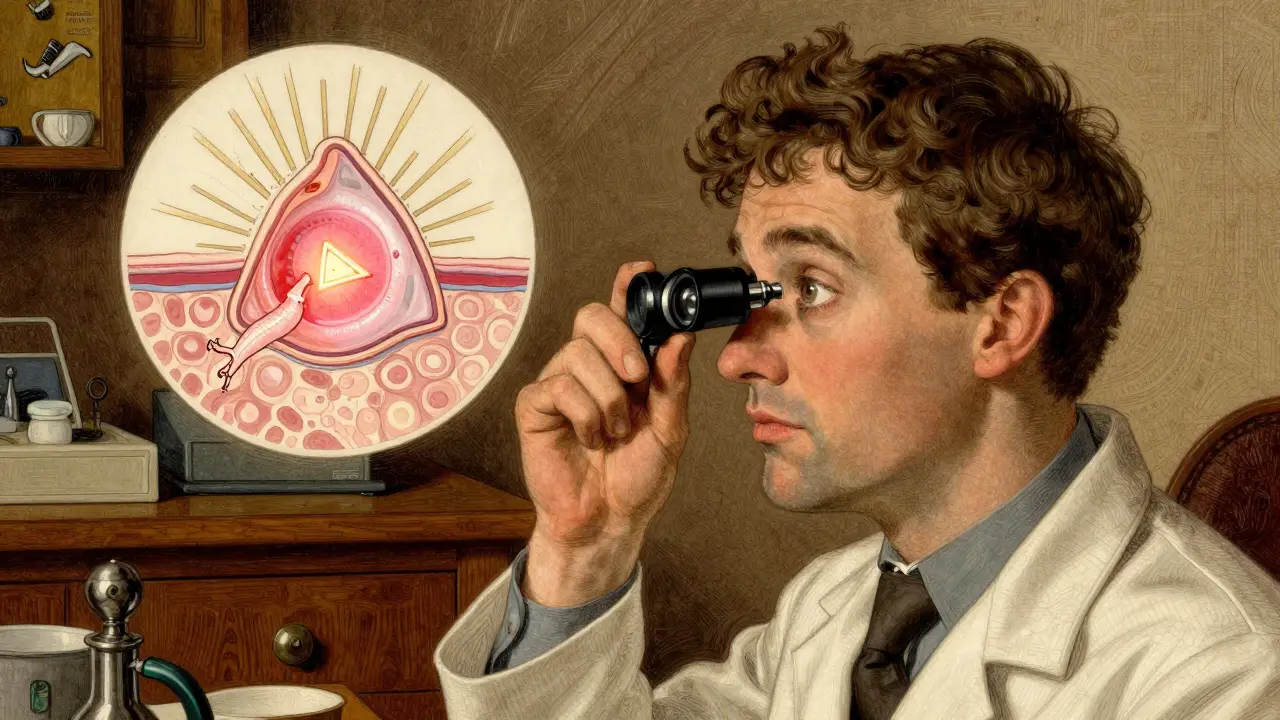 Doctor examining a patient's eye with a magnifying lamp, showing a wing-like growth on the cornea.