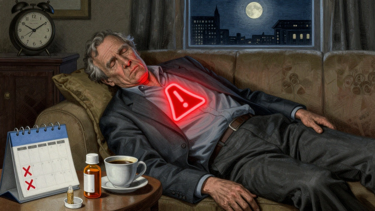 Elderly man collapsing from theophylline toxicity, antibiotics and coffee on table, red warning glow above.