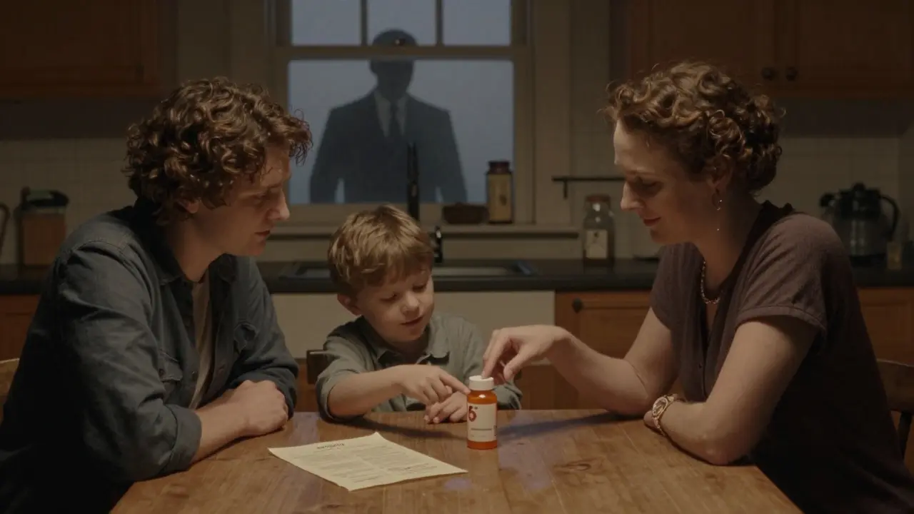 Family at kitchen table with pill bottle, doctor’s letter, and subtle shadow of corporate figure.