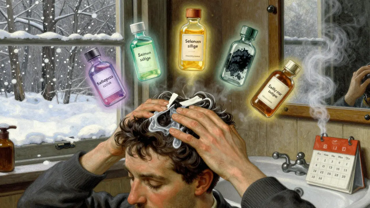 Five glowing medicinal vials hover above a man applying shampoo to his scalp, winter snow falling outside.